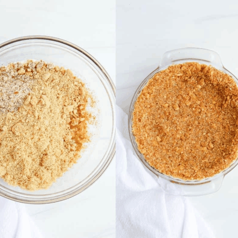 Air fryer lemon pie crust being pressed into a pie dish, made with graham cracker crumbs, almonds, brown sugar, and butter, ready for freezing.