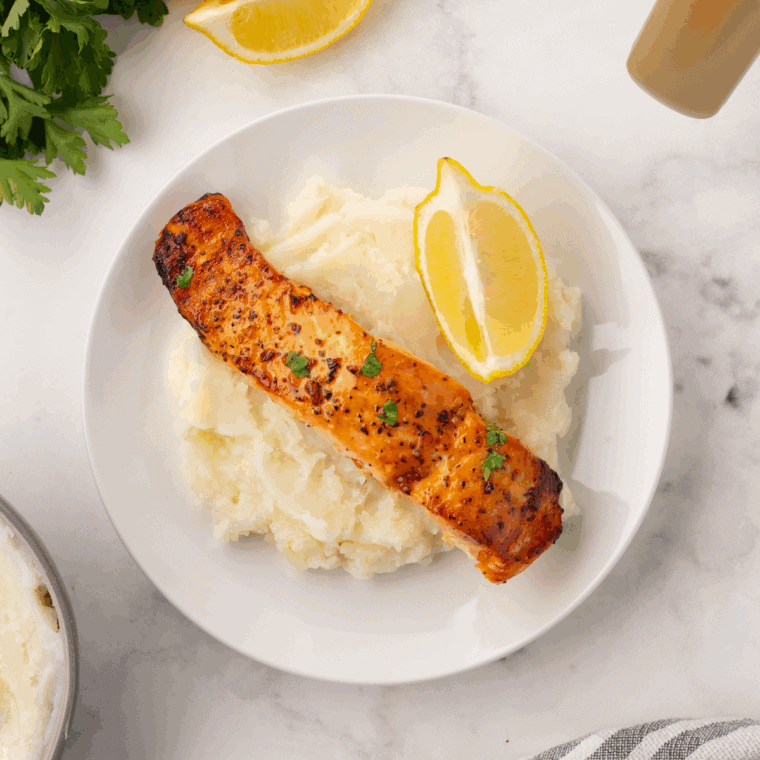Air fryer brown sugar glazed salmon fillets with caramelized, golden-brown edges
