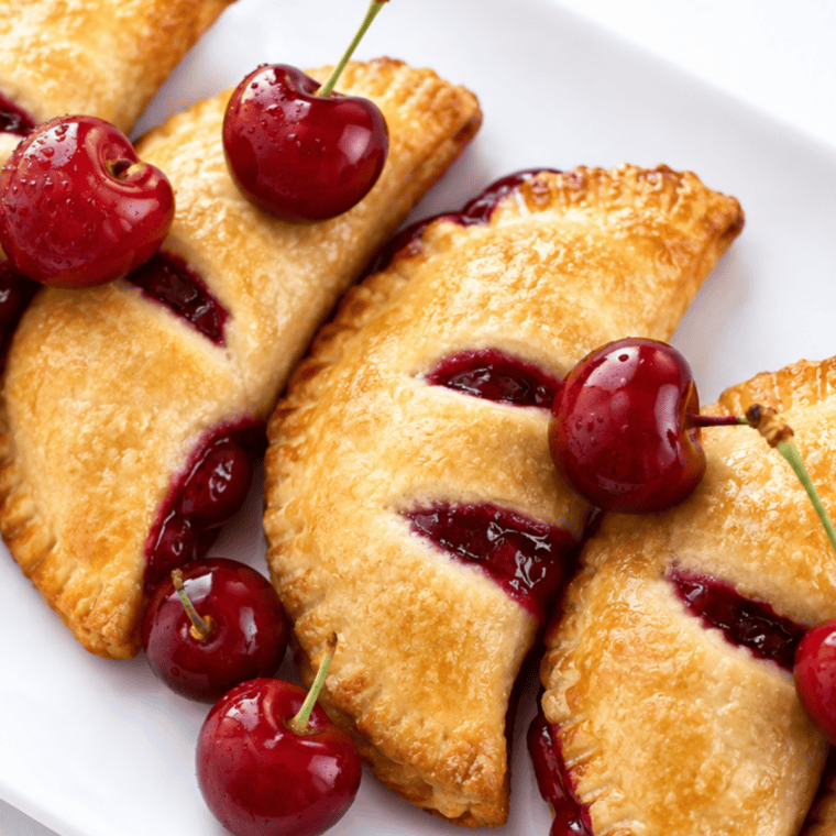 A plate of air fryer cherry hand pies with golden, flaky crusts dusted with powdered sugar