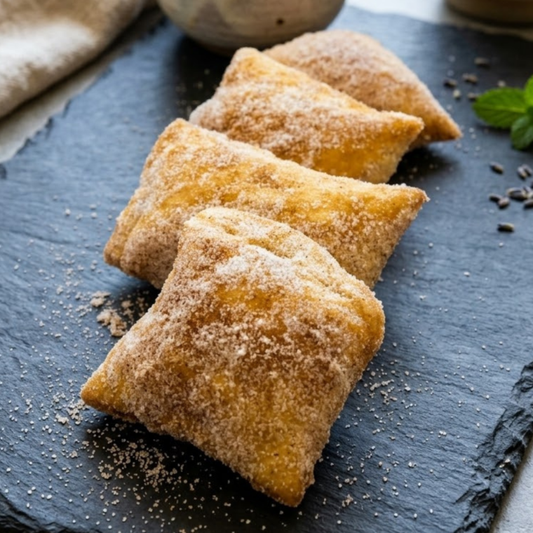 Air fryer cinnamon churro bites made from puff pastry baked until golden and crispy coated in cinnamon sugar for a quick 10-minute dessert