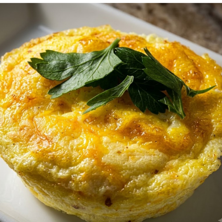 Golden air fryer egg muffins stacked on a plate, cheddar mini cheese frittatas