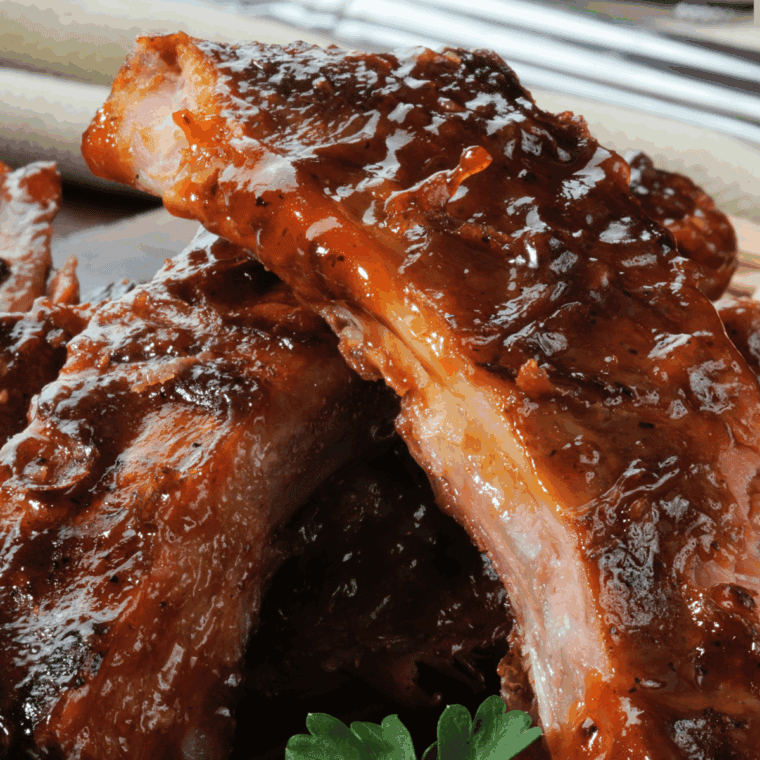 Close up of 12 Bones Smokehouse Root Beer Baby Back Ribs.