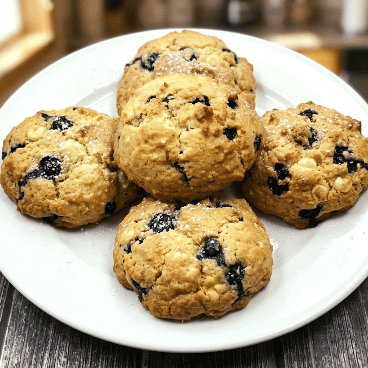 Golden, soft, and chewy blueberry cookies baked in an air fryer with fresh blueberries.