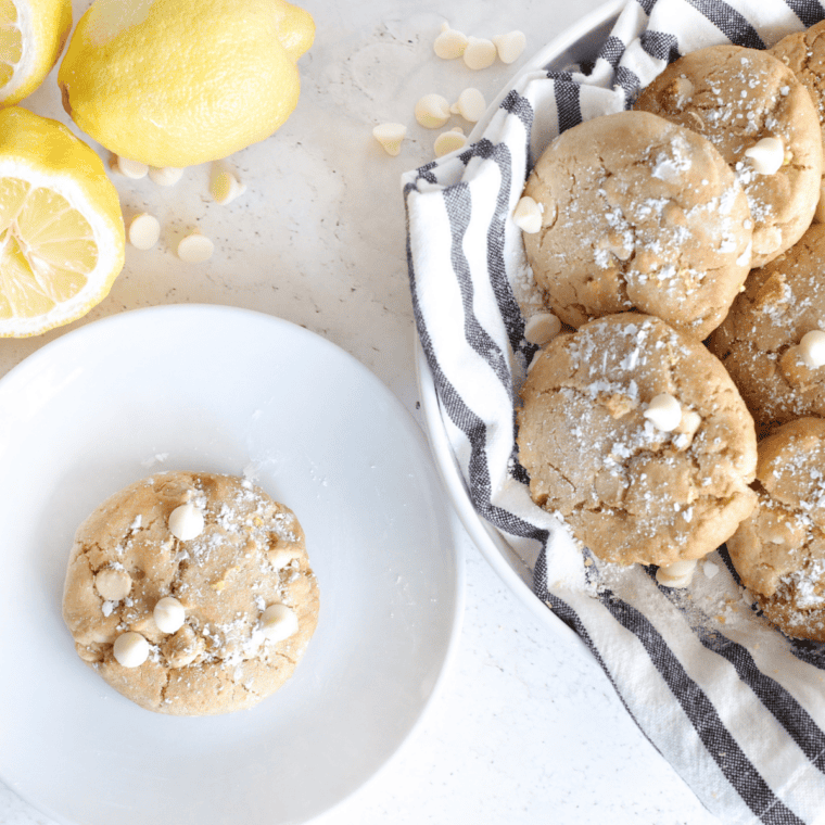 Soft and chewy white chocolate chip cookies fresh from the air fryer, golden edges with melty white chocolate chips.