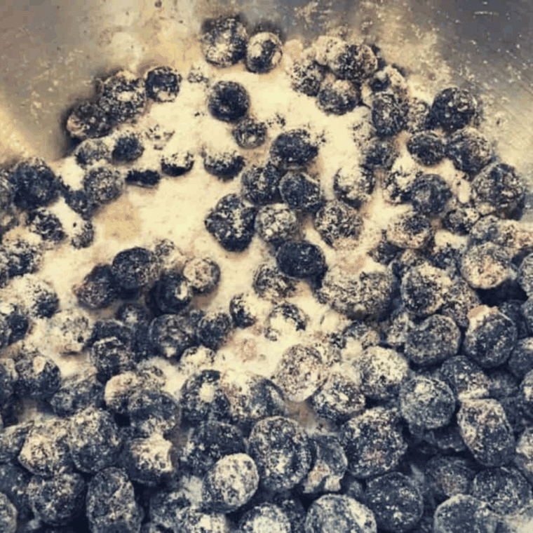 Fresh blueberries tossed with sugar, lemon juice, and zest in a bowl to make the cobbler filling