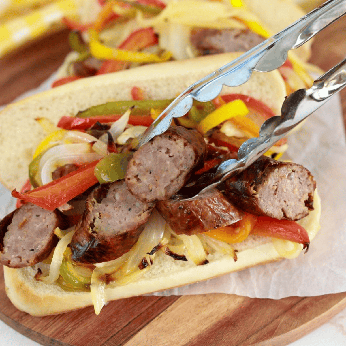 Plate of Easy Air Fryer Sausage, Peppers, and Onions.