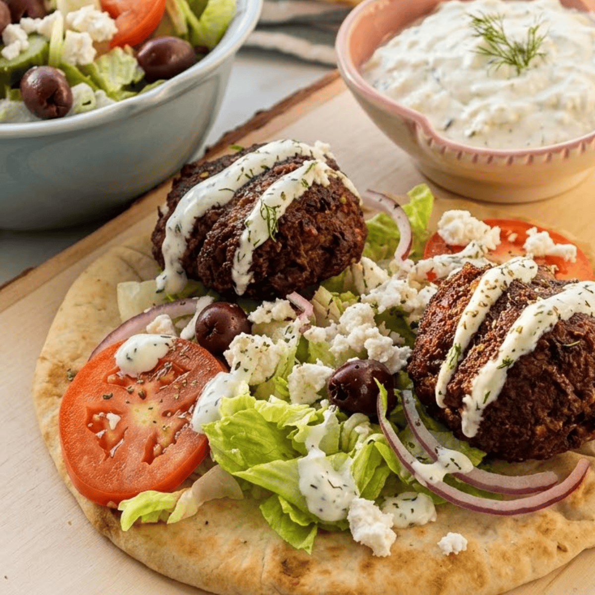 Assembled air fryer lamb gyro in warm pita with tzatziki and fresh toppings