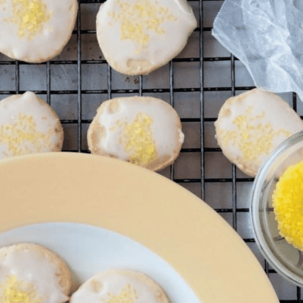 Freshly baked Panera Lemon Drop Cookies with soft, chewy centers and lemon glaze on top.