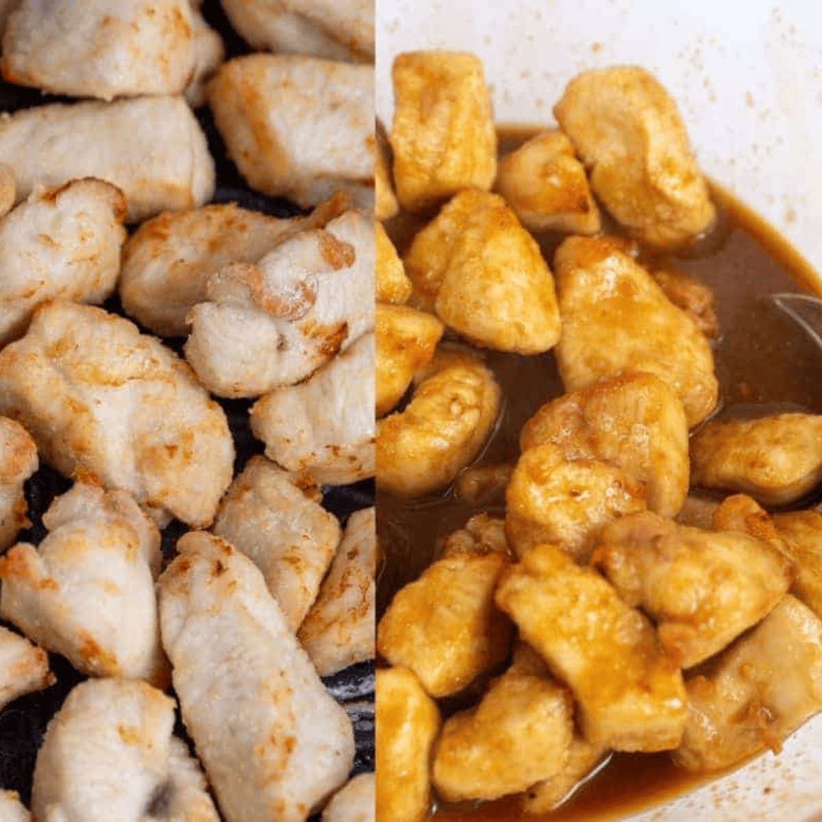 Cooked chicken tossed in sesame sauce and topped with sesame seeds before serving.