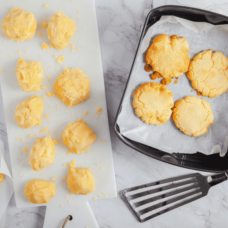 Buttery 3-ingredient shortbread cookies fresh from the air fryer on a plate.
