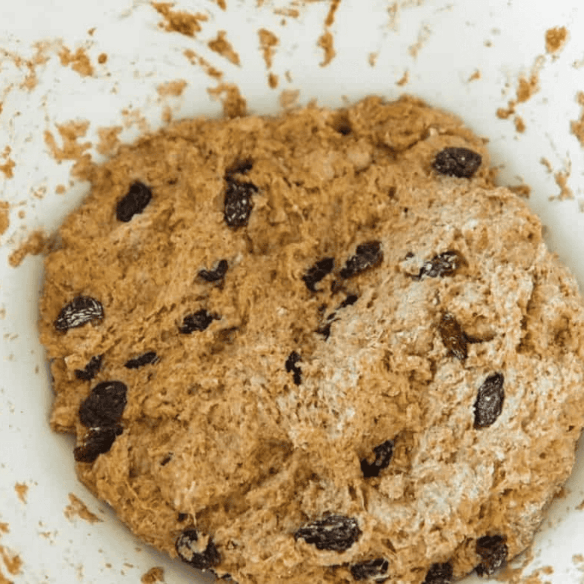 Stirring buttermilk, molasses, and raisins into the dry mix to form Boston brown bread batter