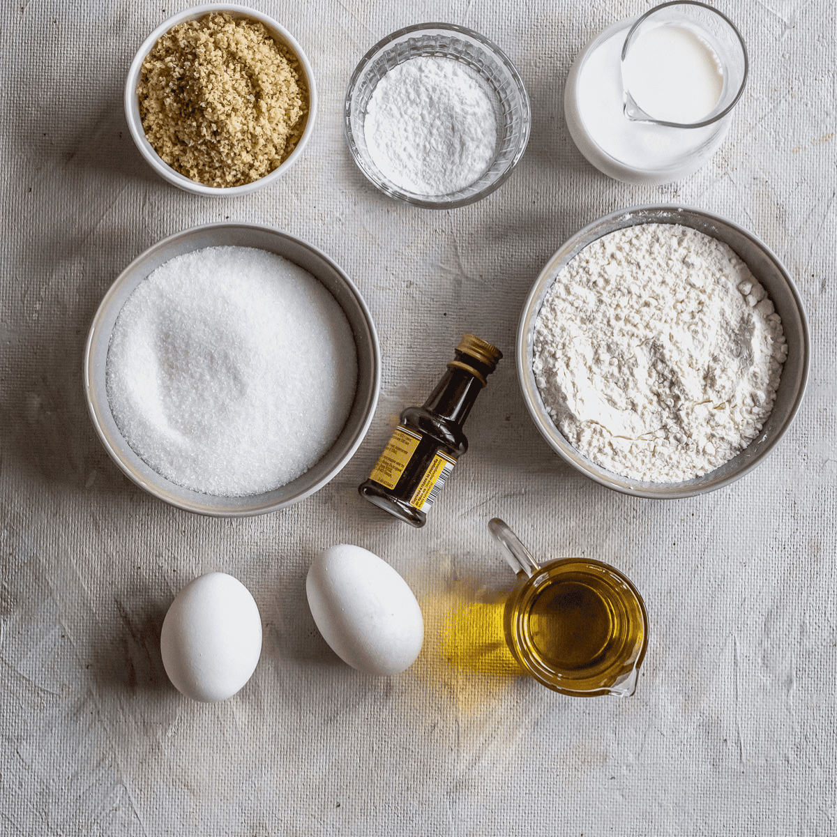 Ingredients needed for Easy Air Fryer Walnut Cake on kitchen table.