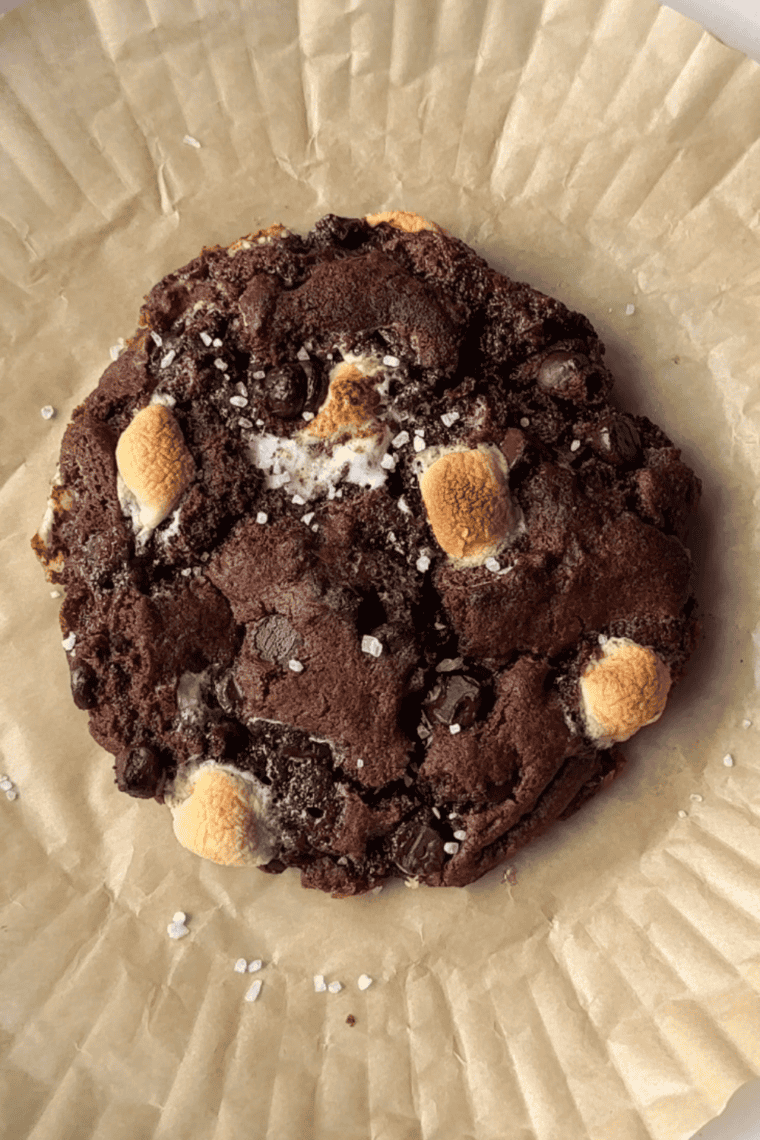 Chewy Air Fryer S’mores Cookies with gooey chocolate and marshmallow centers, served on a plate.