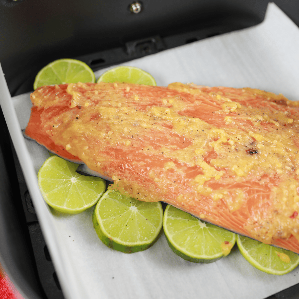 Seasoned salmon fillets arranged in a single layer inside an air fryer basket