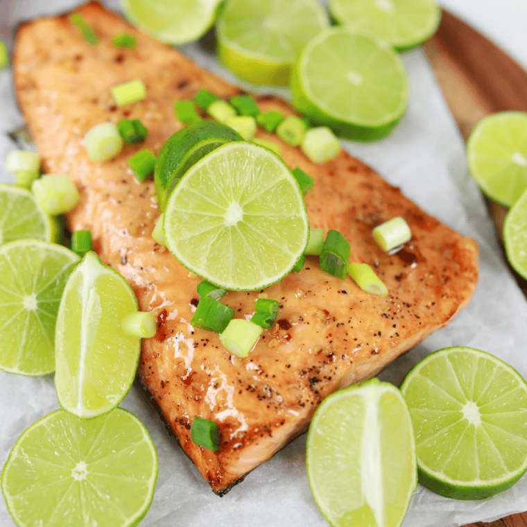 Plated air fryer copycat Applebee's honey grilled salmon dinner ready to serve