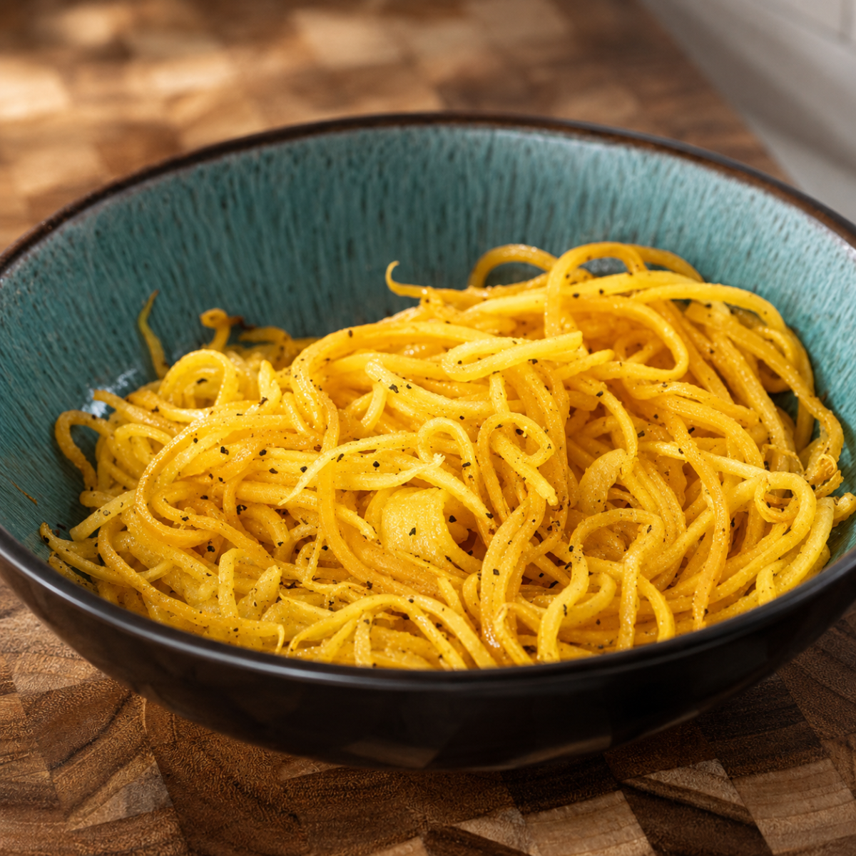 Finished crispy air fryer butternut squash noodles twirled on a fork