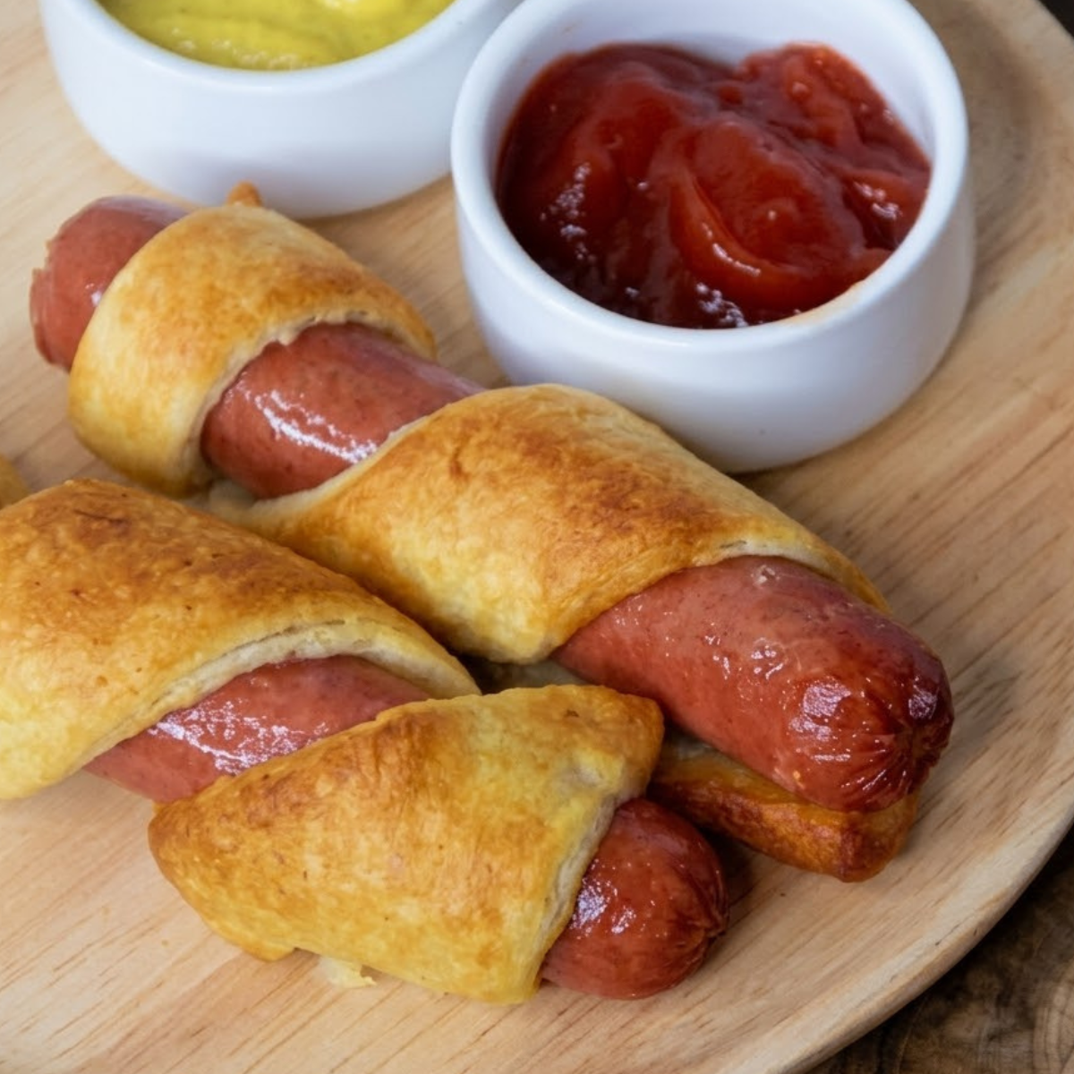 Air fryer crescent roll hot dogs wrapped in flaky dough with melted cheese, cooked until golden brown, crispy, and cheesy inside.