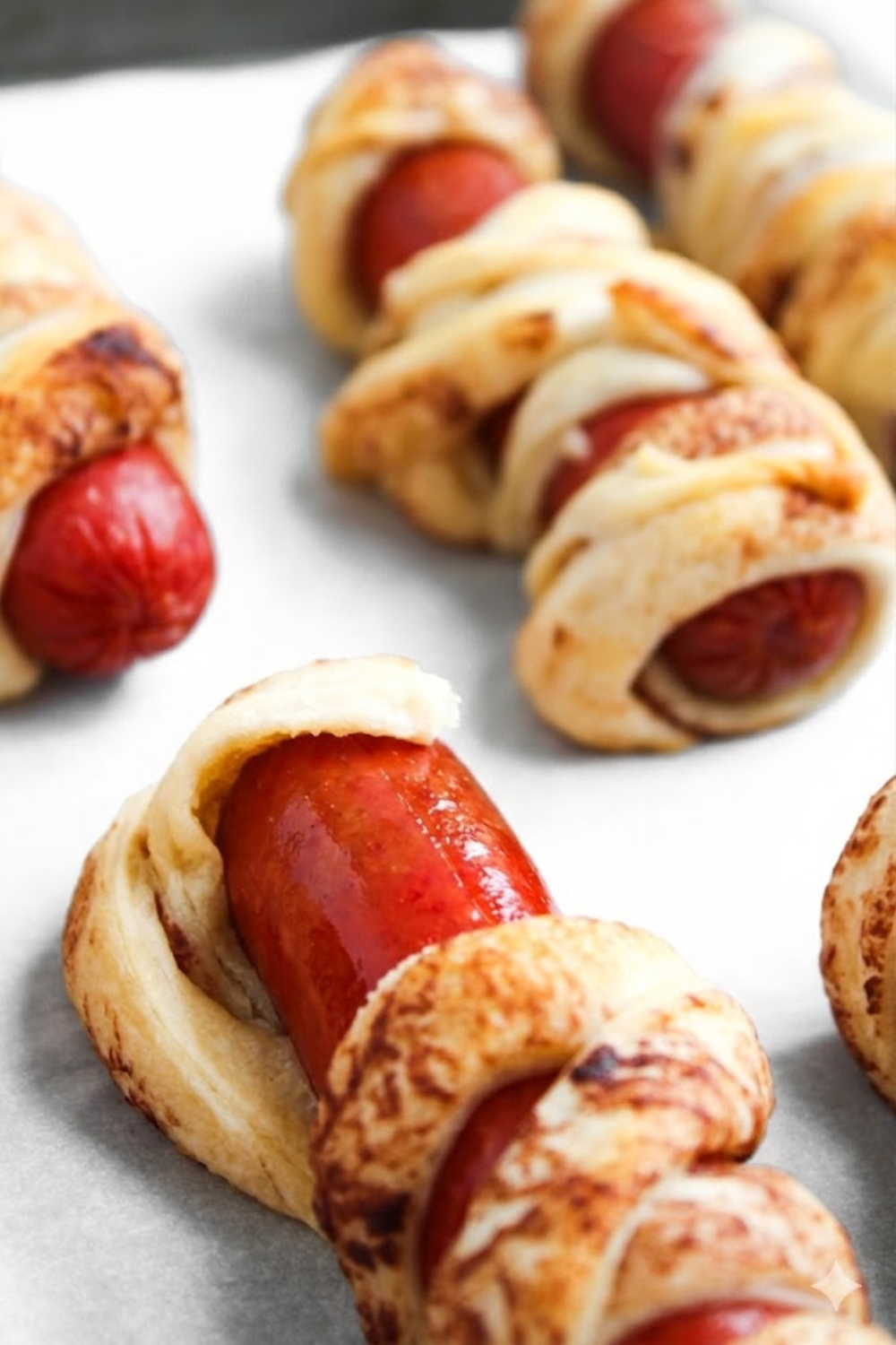 Air fryer crescent roll hot dogs wrapped in flaky dough with melted cheese, cooked until golden brown, crispy, and cheesy inside.