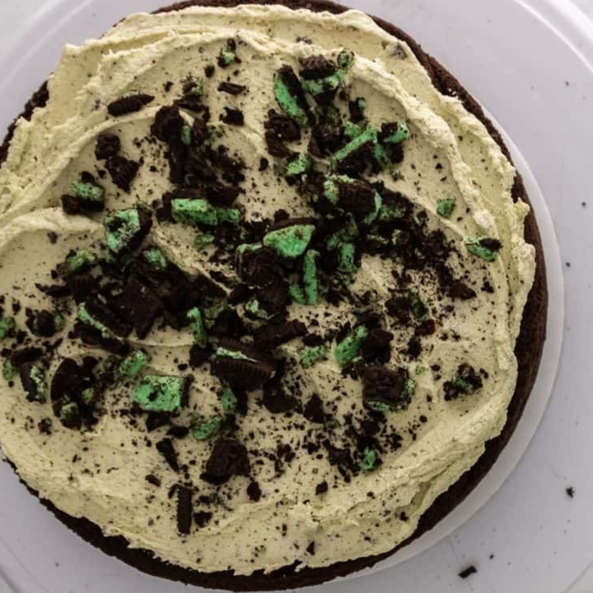 Frosting Mint Chocolate Cookies ‘n Creme Cake on kitchen table.