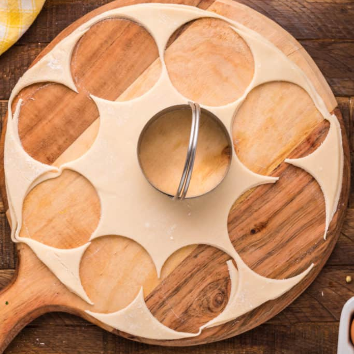 Four-inch circles cut from unrolled refrigerated pie crust with a biscuit cutter