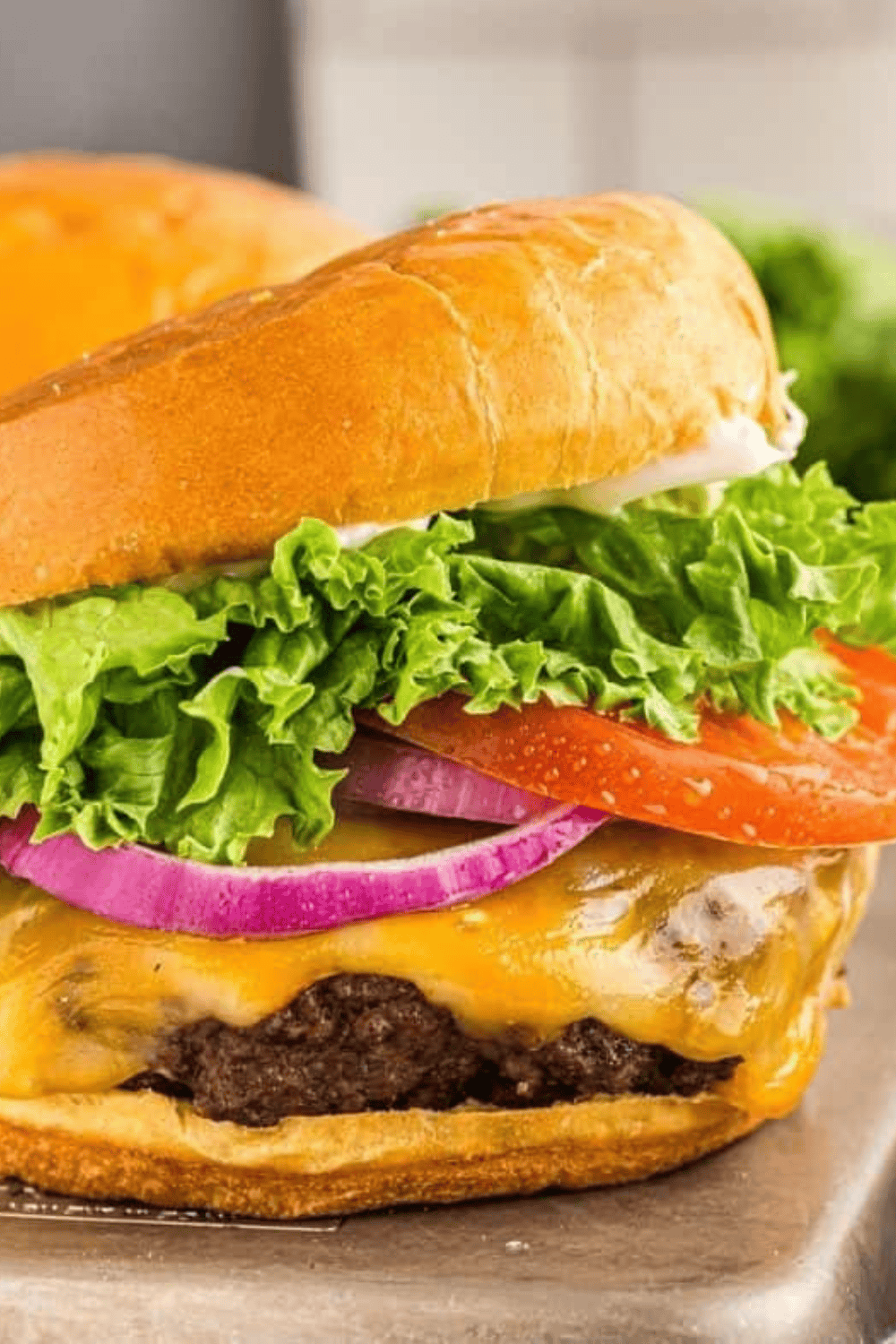 Close up of a white plate with a burger in a bun with lettuce, tomato, onion rings and cheese on it, and fries on the side.