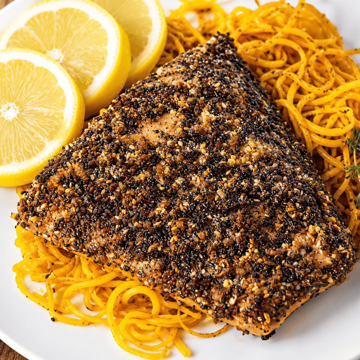 Overhead of everything bagel salmon served with spaghetti squash and lemon