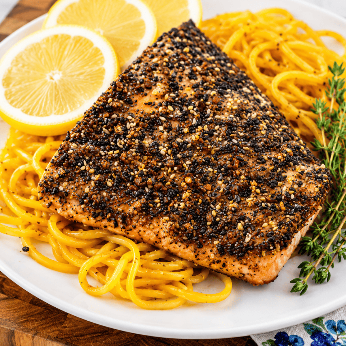 Everything bagel salmon plated with a crispy sesame and poppy seed crust and lemon wedge