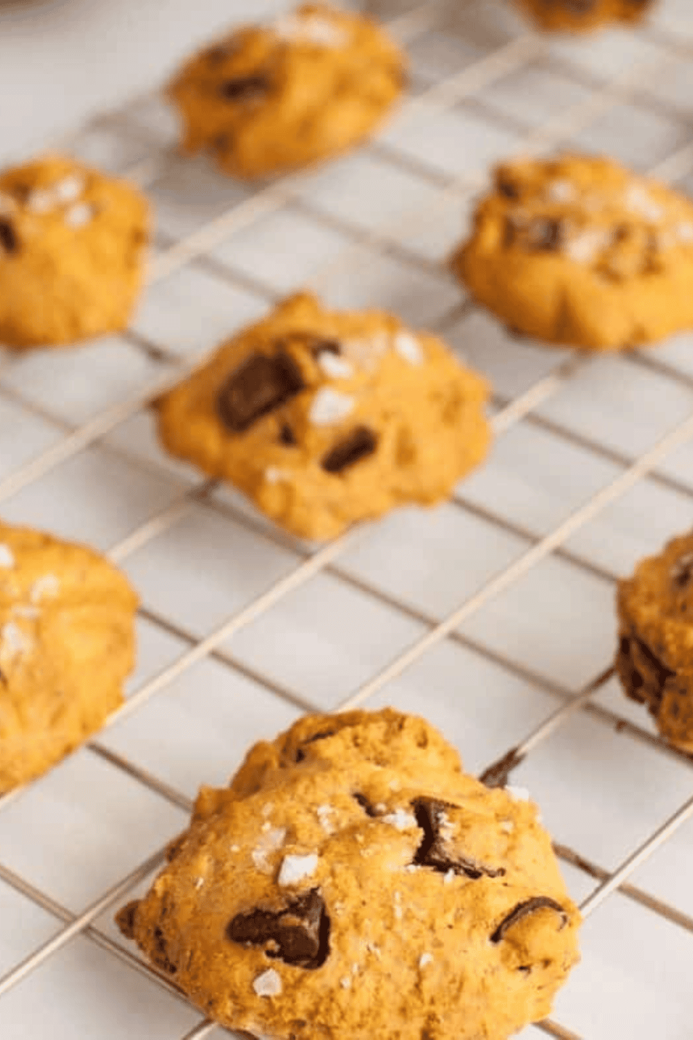 Pumpkin cookies cooling on a rack after air frying, ready for sandwich assembly.