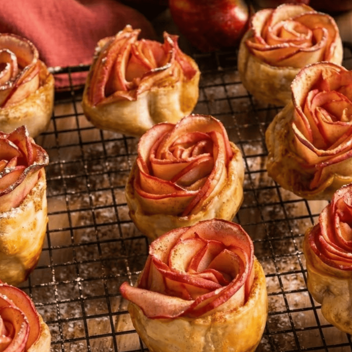Air fryer apple roses in a parchment-lined muffin tin, fresh from the air fryer.
