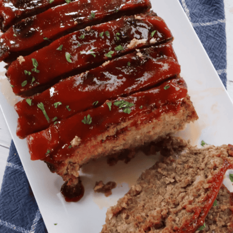 Overhead view of copycat Boston Market meatloaf with hickory ketchup glaze