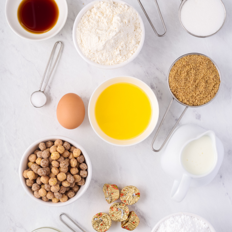 Ingredients for air fryer Reese's Puffs donuts including flour, cocoa powder, buttermilk, and cereal