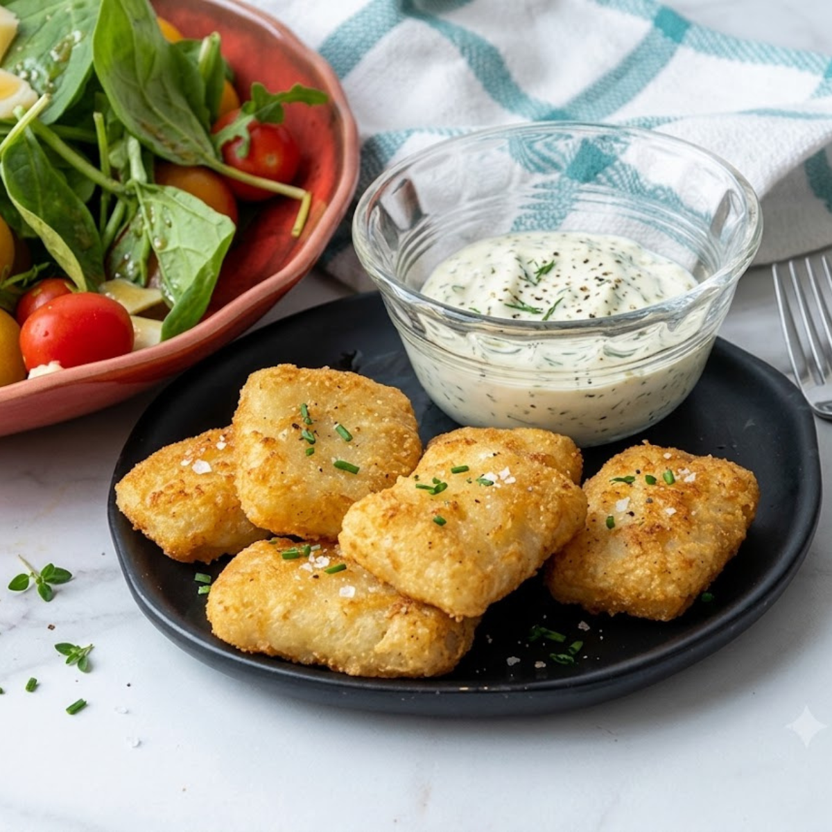 Golden air fried Trader Joe's battered fish nuggets in an air fryer basket