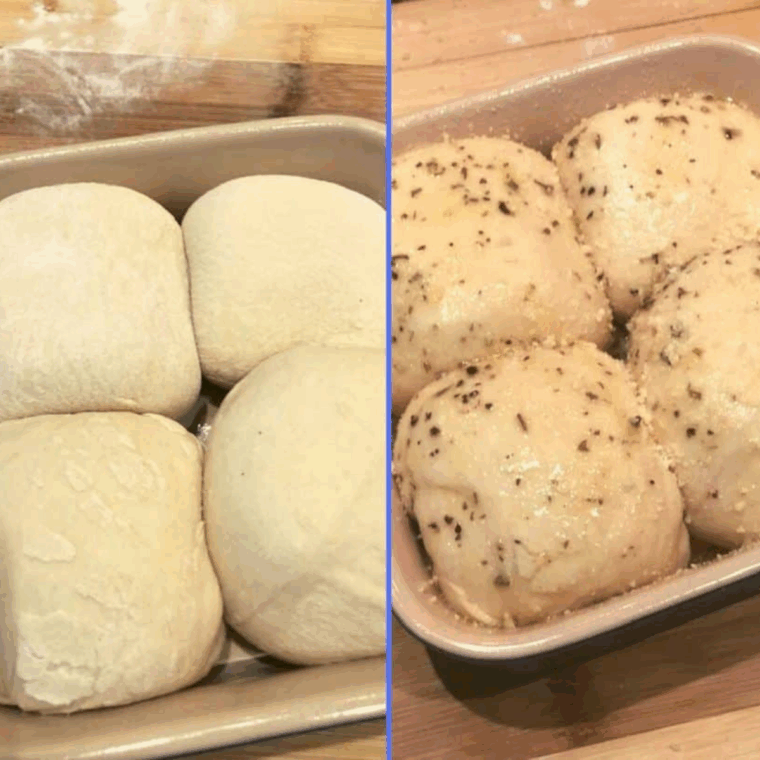 Brushing garlic butter and Italian seasoning on rolls, sprinkling Parmesan, and air frying.
