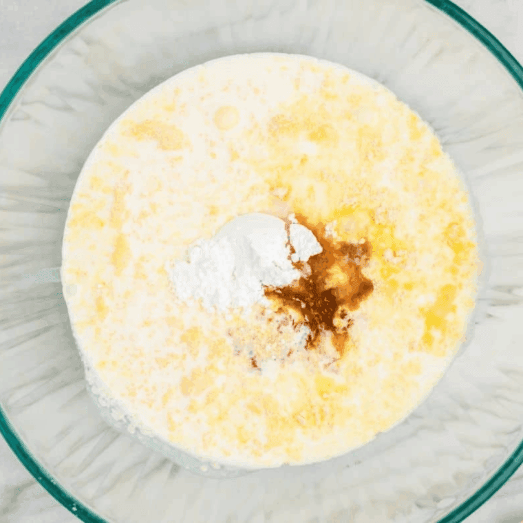 Mixing Bavarian cream filling with pudding, cream, milk, and vanilla until thick