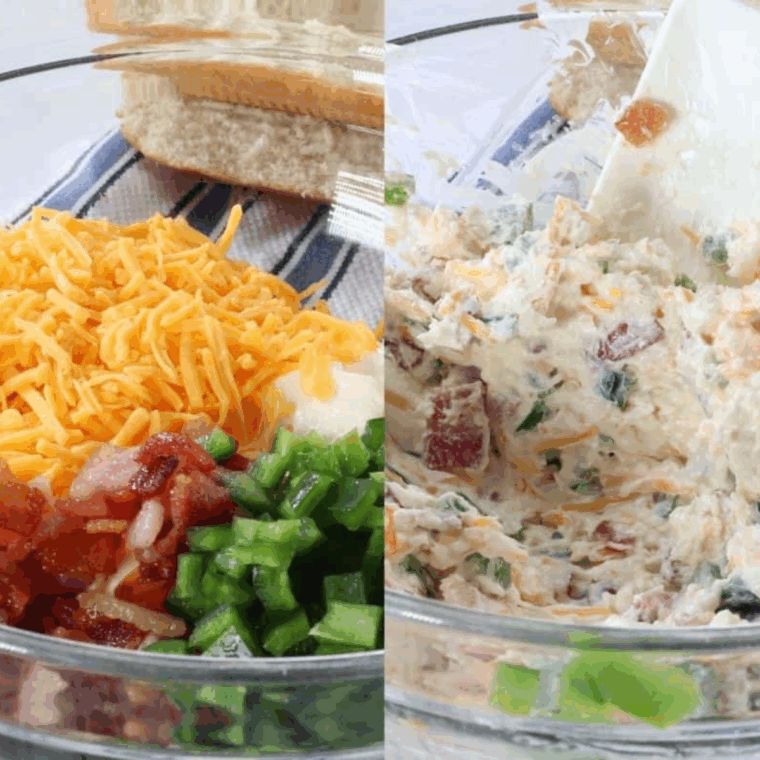 Mixing cream cheese, mayonnaise, cheddar, jalapeños, and bacon in a bowl