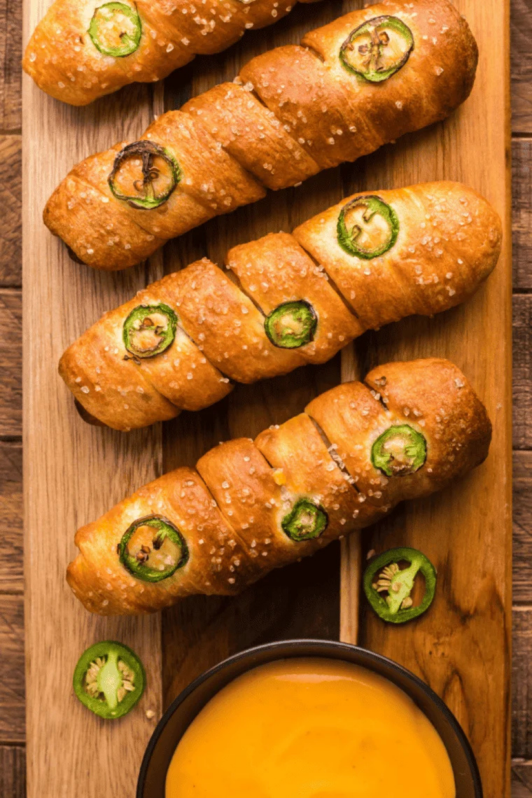 Overhead view of copycat Applebee's Brew Pub Pretzels with beer cheese and honey Dijon