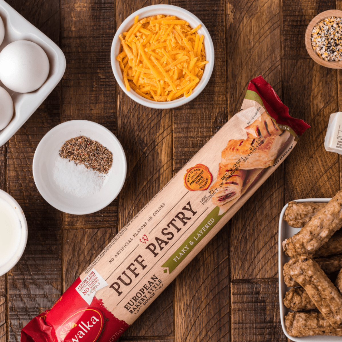 Ingredients needed for Air Fryer Breakfast Egg Tarts on kitchen table.