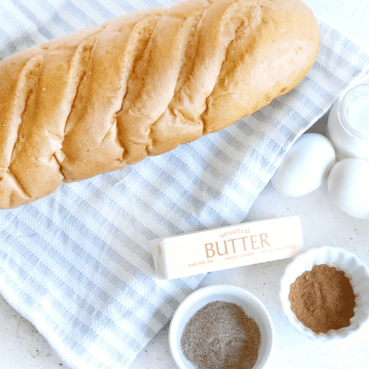 Ingredients needed for Easy Ninja Foodi French Toast Recipe on kitchen table.