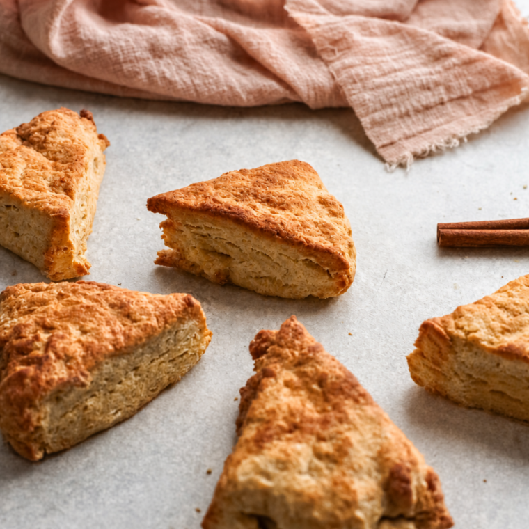 Glazed air fryer apple scones served on a plate with black coffee