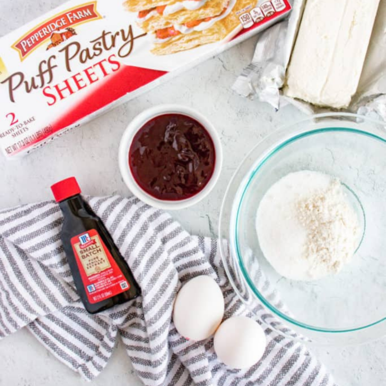 Cream cheese, sugar, flour, vanilla, egg yolks, jam, and puff pastry for air fryer Danish
