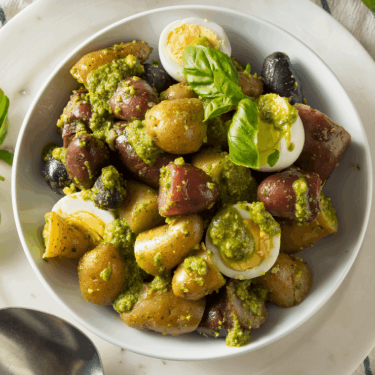 Golden air fryer potato cubes coated in vibrant green pesto, crispy outside, tender inside, served on a plate.