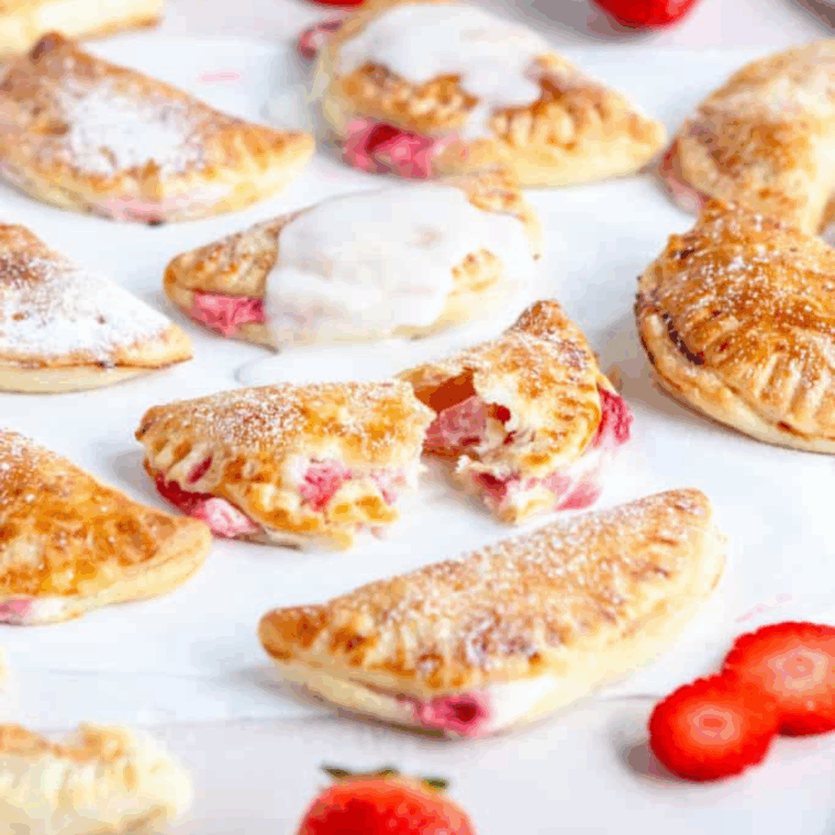 Air fryer strawberry hand pies with golden flaky crust and sweet strawberry filling on a plate.