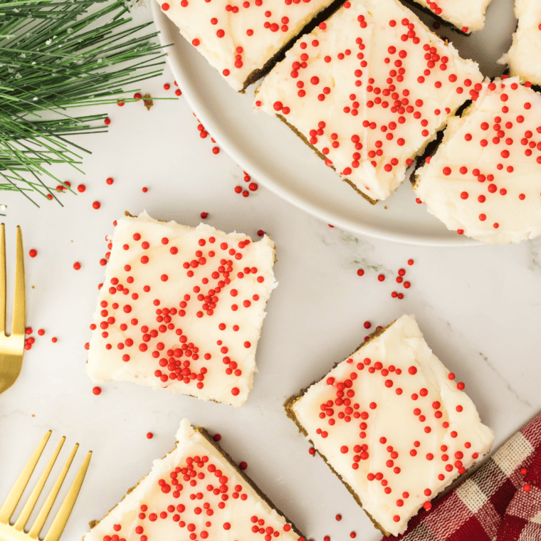 Air Fryer Gingerbread Cookie Bars with soft texture and warm spices, cut into squares on a plate.