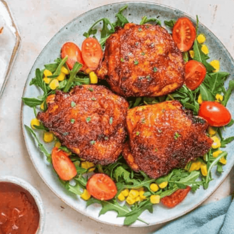 Air fryer peri peri chicken with spicy glaze, crispy skin, and juicy inside, served on a plate.