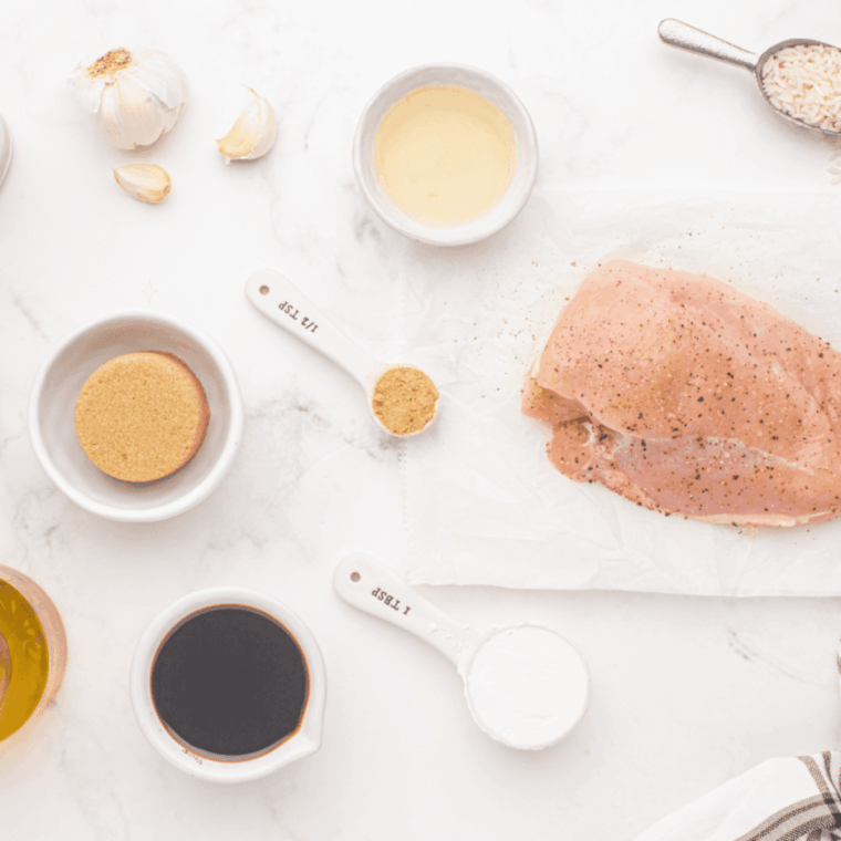 Ingredients needed for Air Fryer Chicken Teriyaki Bowls on kitchen table.
