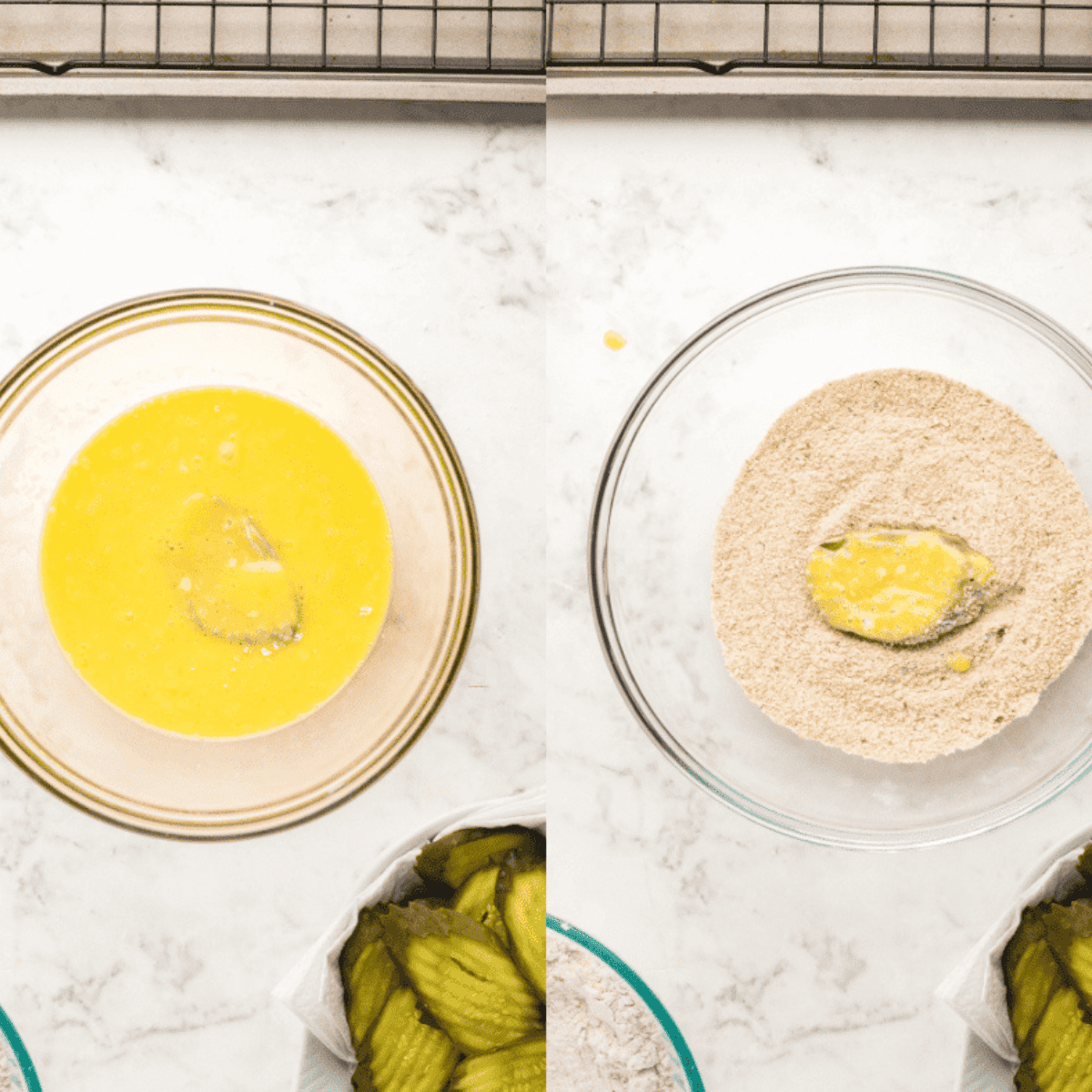 Three-bowl dredging station with seasoned flour, egg-buttermilk wash, and breadcrumbs