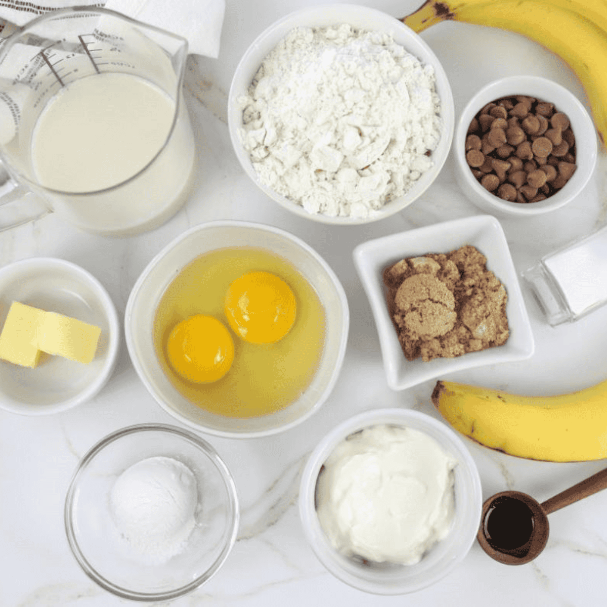 Ingredients needed for Air Fryer Banana Pancake Dippers on kitchen table.