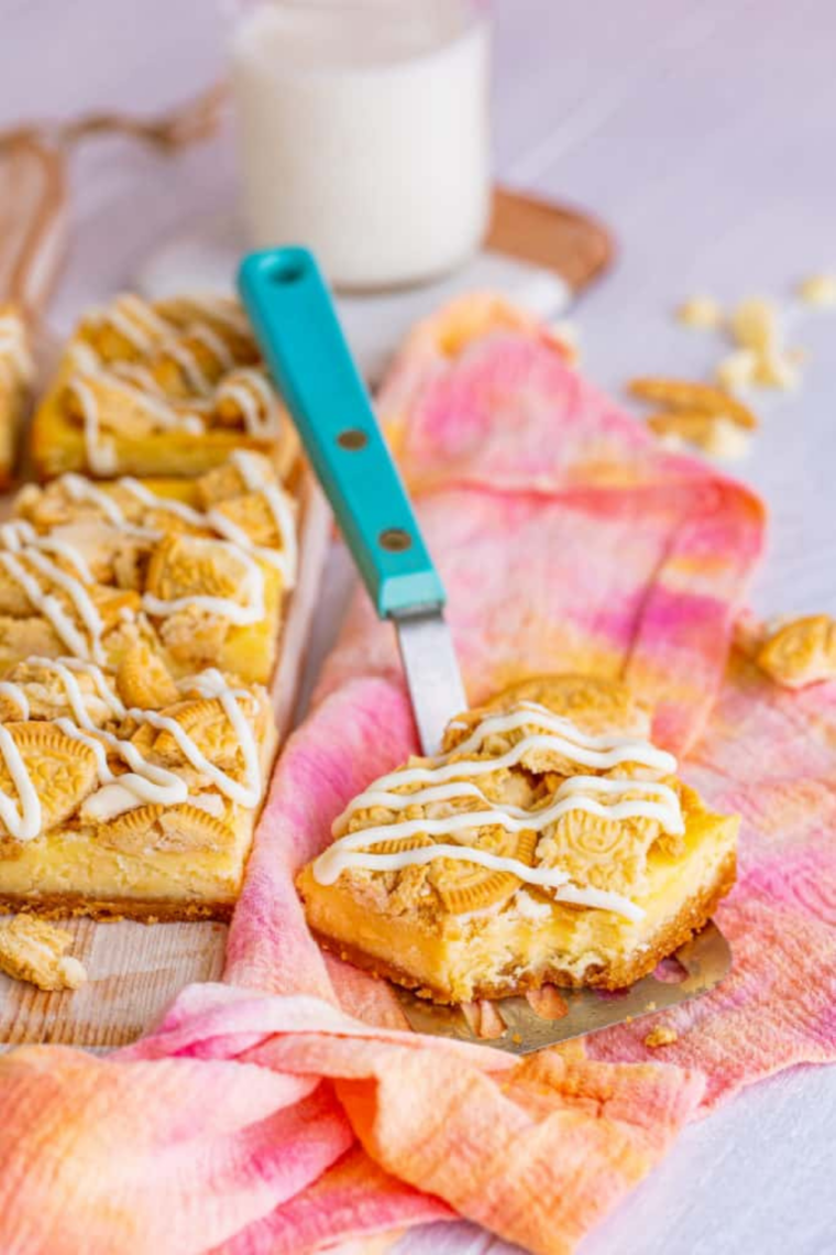 Close up of sliced cheesecake bars cooked in air fryer