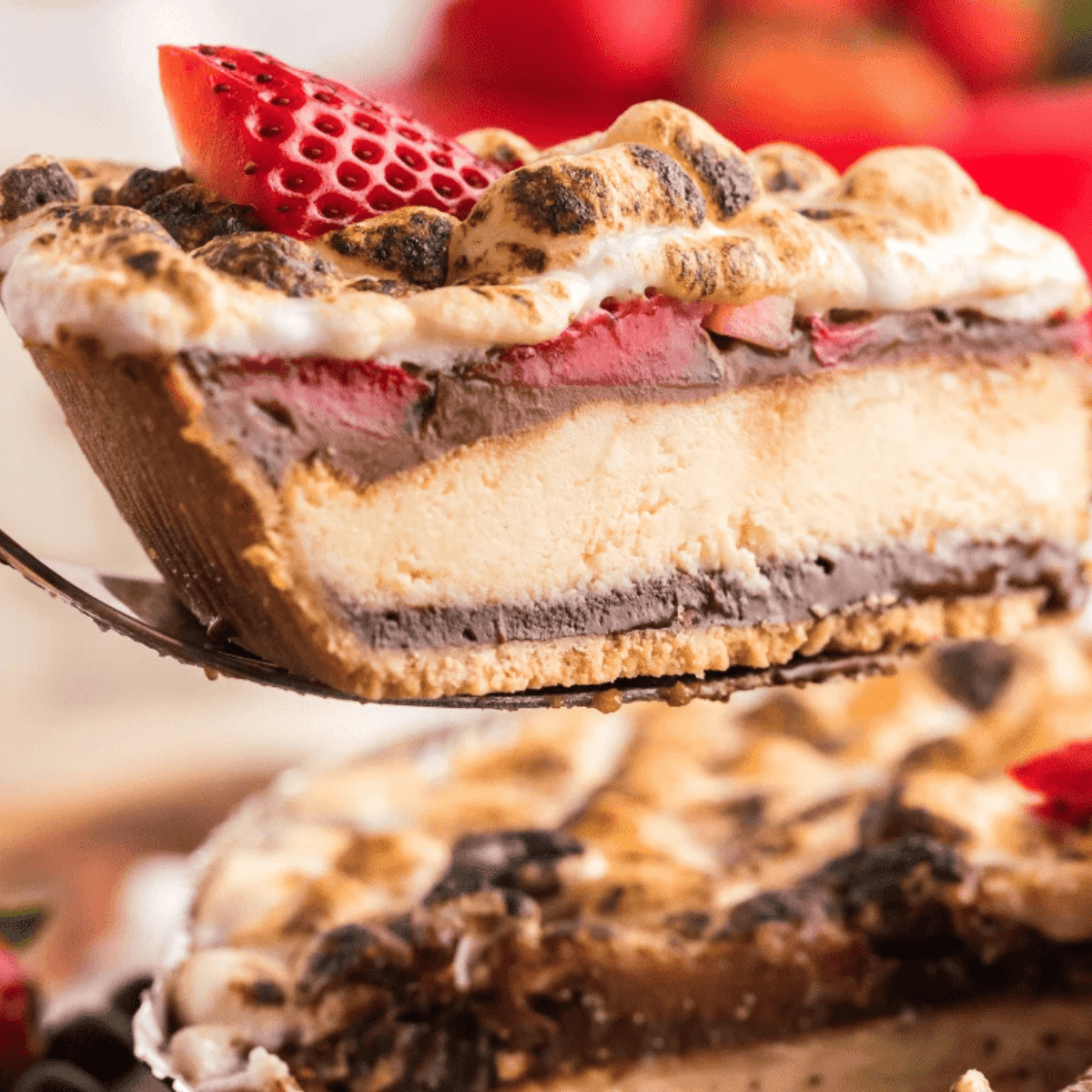 Air Fryer Berry S’mores Cheesecake with graham cracker crust, fresh berries, and toasted marshmallows on top.