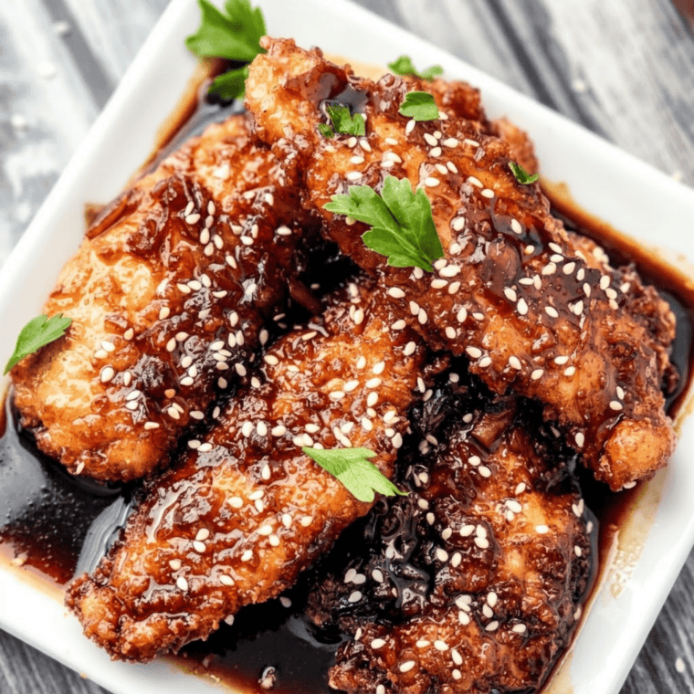 Plate of copycat Jack Daniel's chicken strips in the air fryer, crispy tenders coated in glossy whiskey glaze with sesame seeds